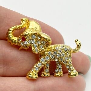 Vintage Small Gold Tone Elephant Brooch Pin Red Eye Trunk Up for Luck Rhinestone